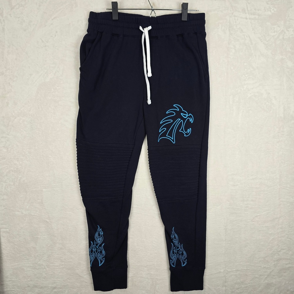 Disney Mens Navy Blue Moto Joggers Neon Blue Graphic Beast Flame Sweatpants M